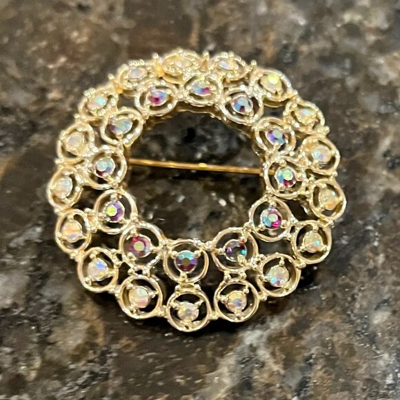 Vintage Crystal Beaded Round Wreath Brooch Pin by DODDS - Picture 7 of 10
